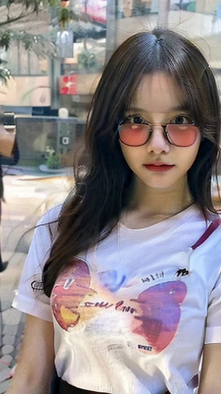 1girl, (young), (Lolita), , slender, Asian, Japanese, (cute), beautiful, sexy, curvy, perfect body, serious face, blushing, wearing, circular glasses, (wearing T-shirt only), (good anatomy), good quality, masterpiece, photography, realistic, realism, real, unique, perfect