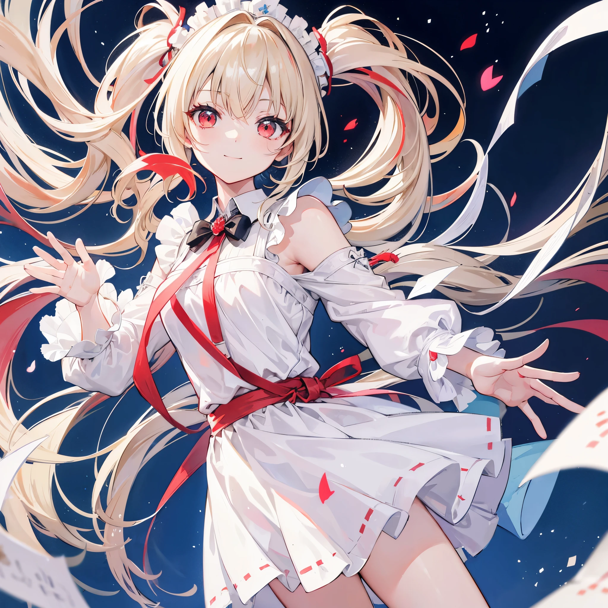 High resolution, One person, solo, Long Hair, Red eyes,Beige hair,
Highest quality, masterpiece, High-resolution model, Long Hair, Shiny Hair, Sparkling eyes, Lonely, smile, disposal、watercolor、Light color scheme、White dress、Simple Background, Close-up, Part of the picture goes outside the frame, Lots of white space, watercolor画,Character portrait,Maid clothes,Twin tails