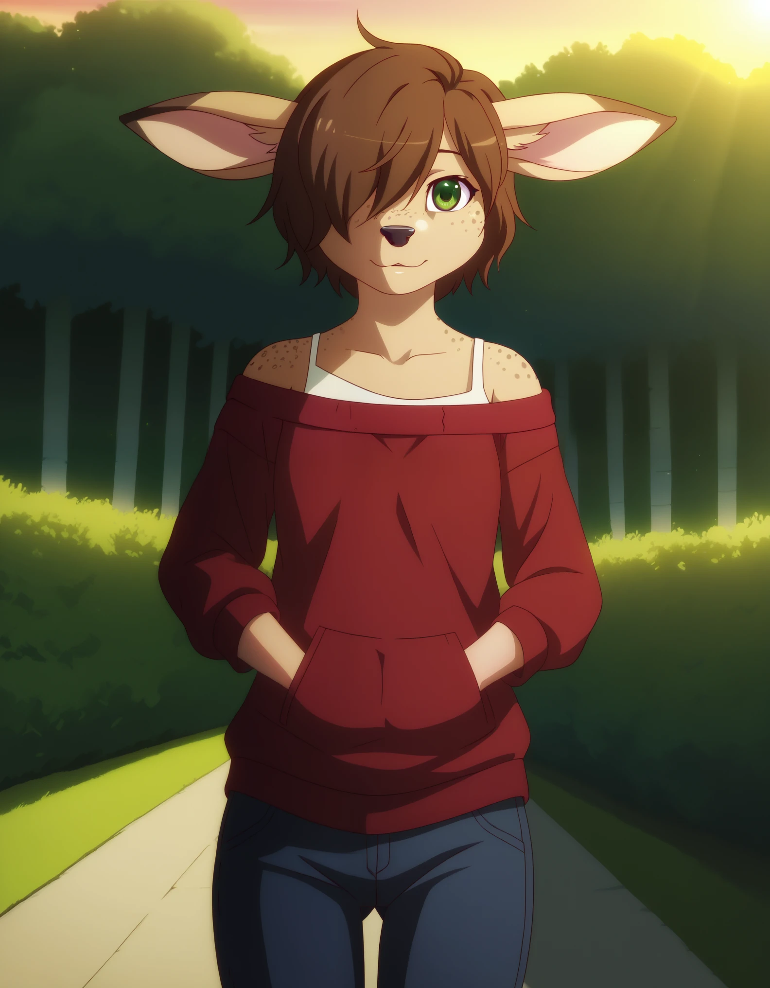 Solo, 1girl, female, adult, lotte, deer girl, furry female, body fur, animal nose, snout, animal ears, green eyes, brown hair, short hair, freckles, cute face, perfect anatomy, detailed skin, detailed eyes, perfect hands, perfect face, small breast, hair over one eye, BREAK sweater, long sleeves, off-shoulder shirt, pants, BREAK outdoors, park, colorful, sunset, looking at viewer, dutch angle, BREAK ((ultra-detailed)), ((best quality)), ((best quality)), ((beautiful eyes)), ((extremely detailed)), 4K, (8K), best quality, (beautiful), Master piece, highres, score_9, score_8_up, score_7_up, colorful, best quality, official art, highres, masterpiece, nai3, god light, detailed background, high quality background, very aesthetic, absurdres, 