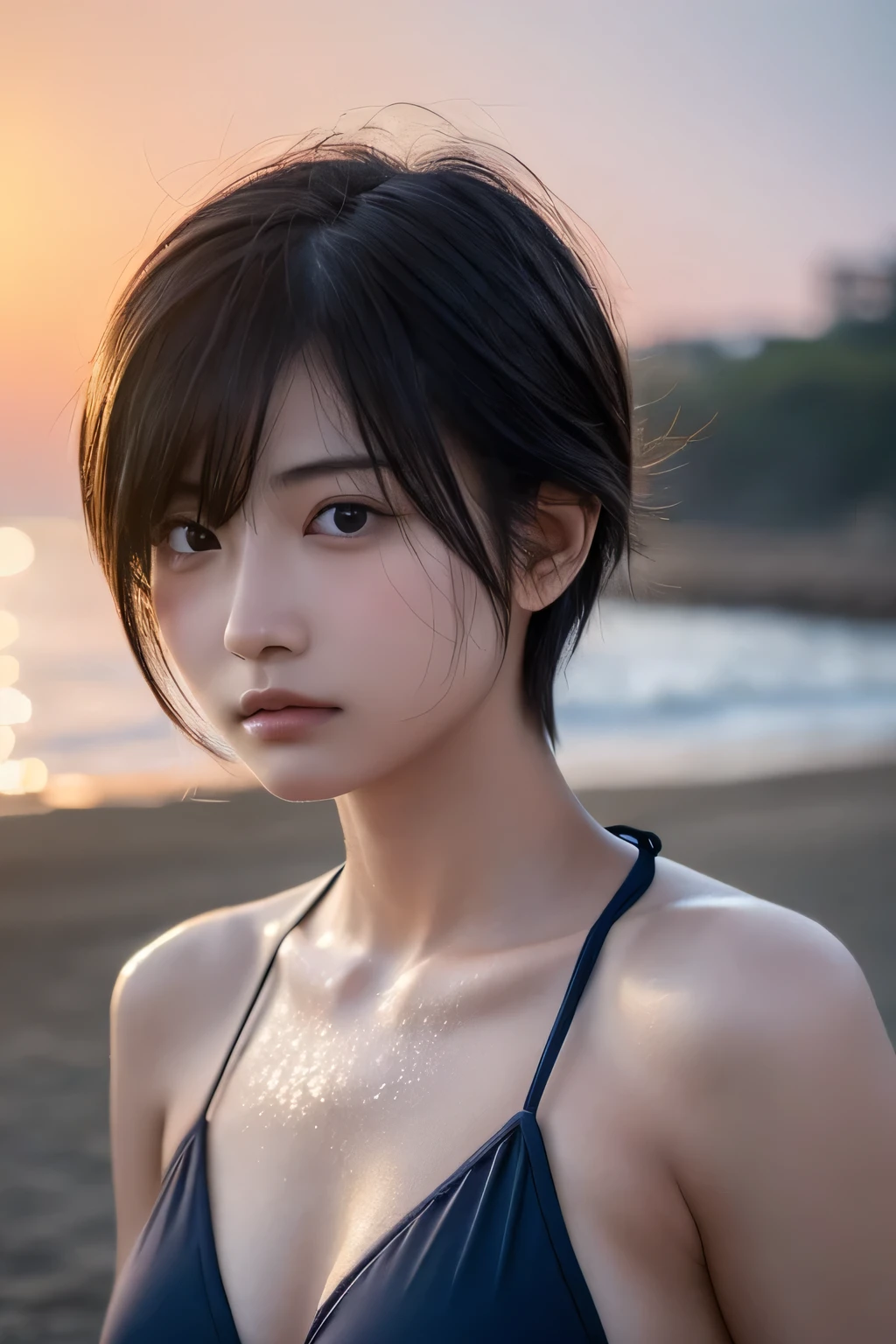 Hair blowing in the wind、Sweaty skin、Sweaty hair、Wet clothes、Coast at dusk,A cute girl with a face like a Japanese idol, Short Hair, Skinny body、athlete、(Cinema Lighting),(Natural light),(High level of artistry),(artistic),(Indistinguishable quality from the real thing),{{RAW Photos}},{{Genuine}},High resolution,masterpiece, beautiful, Handsome Tomboy, Looks like a salon model, Cool face, Neutral facial features, Triangle Bikini, nsfw,、Puzzled、shame、sleepy