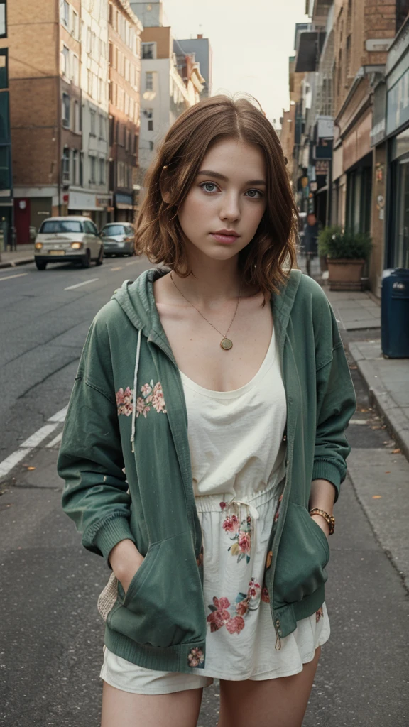 Masterpiece, a Beautiful 22 years old girl, redhead, white skin, freckles, skinny slender body, wearing a vintage floral parttern dress, wearing a grunge jacket with a hoodie, wearing vintage jewelry, short messy Hair, Perfect face, Beautiful face, light green eyes, detailed eyes, looking tired, smiking, (smooth lighting), relaxed pose, Bright colors, Manhattan Greenwhich village street as a background, sunny day, RAW, cinmatic, ultra high res.photorealistic, UHD, (vintage grunge vibes:1.2)