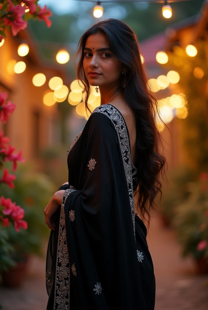 A 18 years old girl black saree back side long hair fair skin
