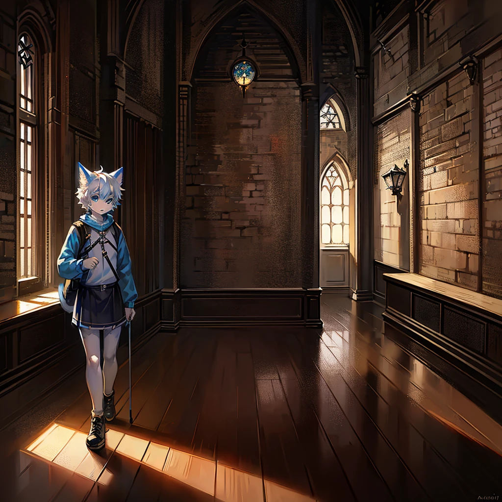 Furry, Anime furry, anthro male cat, light blue and white fur, short white hair, solo, blue sweatshirt, full body character, anime style character, digital painting, black skirt, medieval village, black medieval shoes, dagger, medieval backpack, walking inside a forest