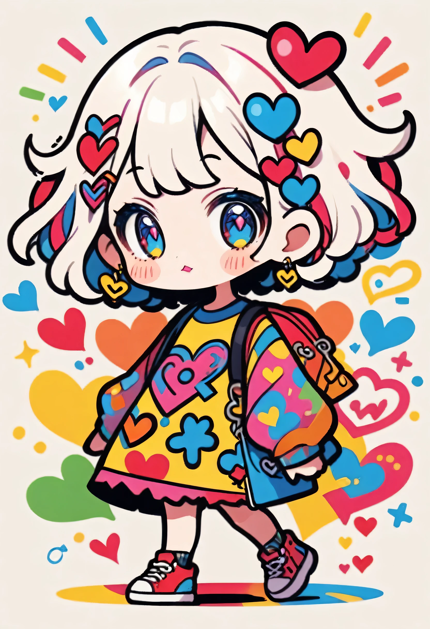 Ultra-realism Keith Haring colorful style, Simple Line Initialism,Abstract art,(((The most beautiful girl of all time))), chibi, Sweet face. Lips in love, colorful hearts, stylish design, 夏のスポーツファッション, 黒い瞳, Walking