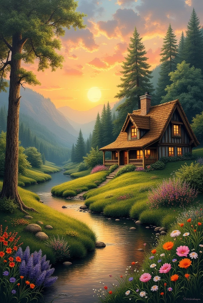 a beautiful painting of a nature with a house