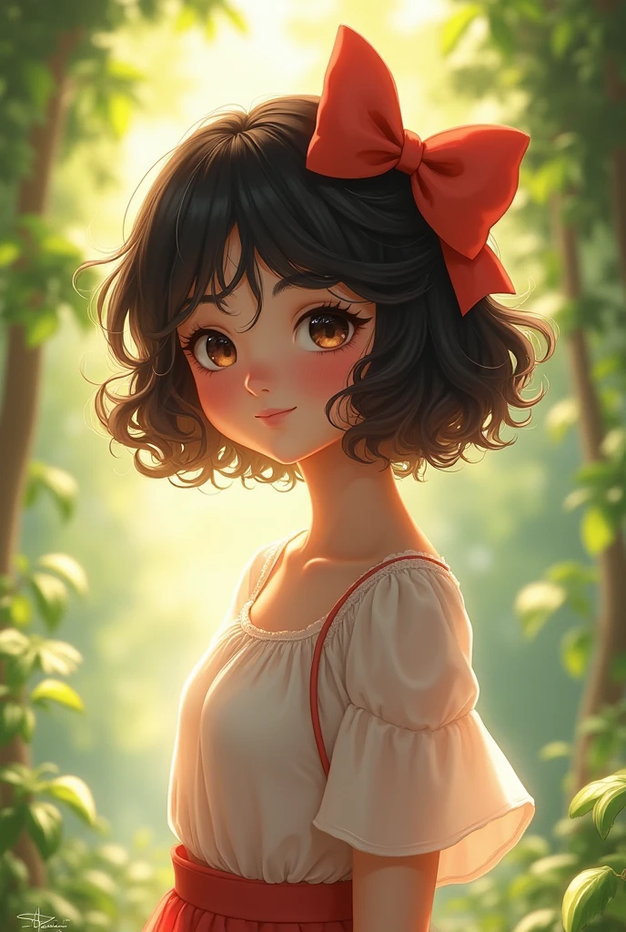 (photorealism:1.2), beautiful girl. Looks innocent. She has short, curly, shoulder-length hair and a large bow at the back of her hair. Both cheeks are covered with hair. She has very big breasts and she wears a thin shirt