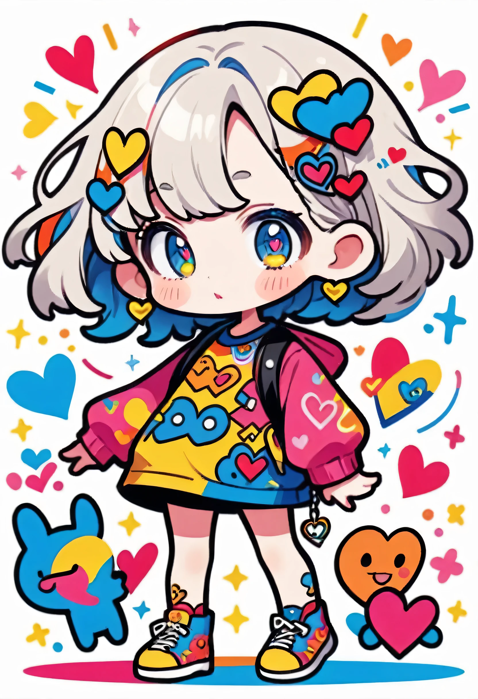Ultra-realism Keith Haring colorful style, Simple Line Initialism,Abstract art,(((The most beautiful girl of all time))), chibi, Sweet face. Lips in love, colorful hearts, stylish design, 夏のスポーツファッション, 黒い瞳, Walking