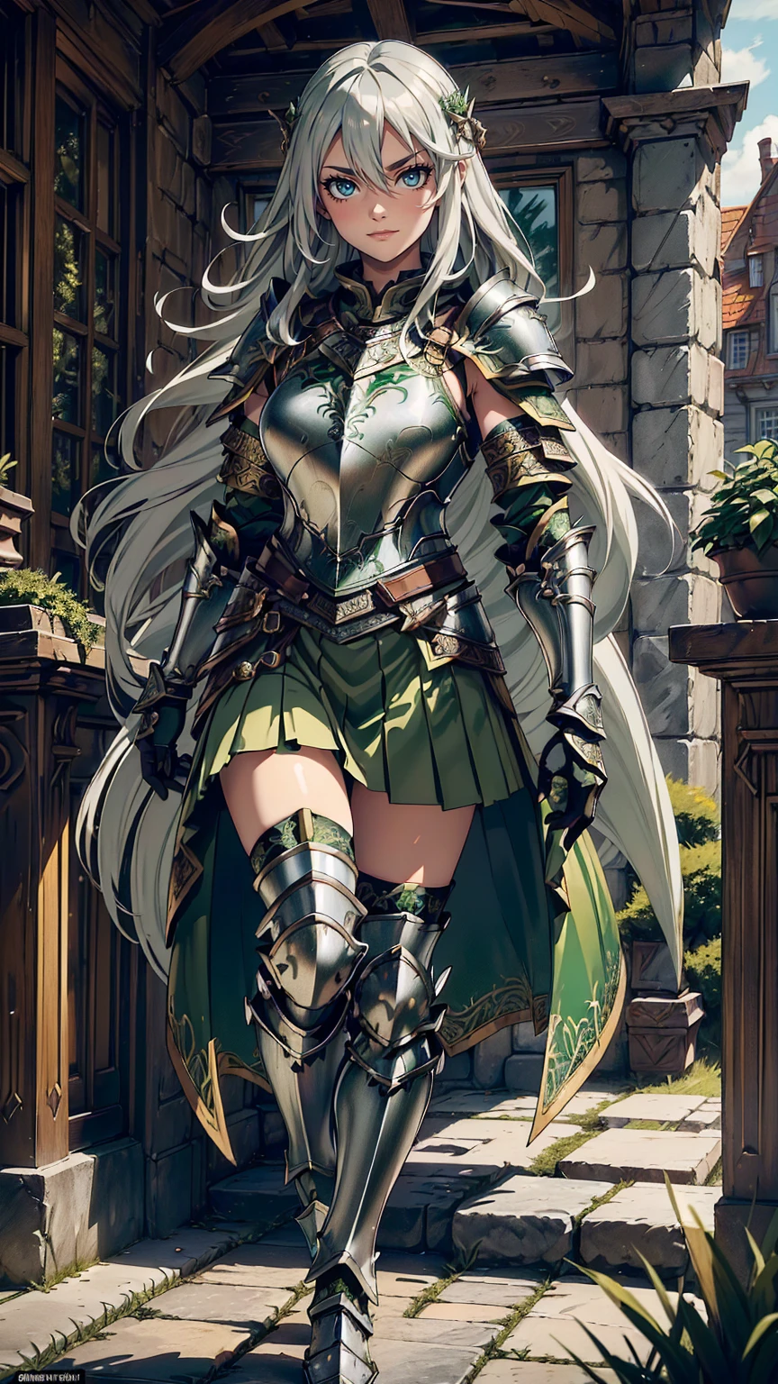 最high quality、Ultra High Definition, Ultra High Quality, Hyper Definition, Hyper Quality, Hyper Detailed, Extremely Detailed, Perfectly Detailed, Best image quality、masterpiece、anime woman((20-year-old、super dynamic pose , Dancing, Green solid eyes, Silver long Hair 、Disheveled Hair 、Long White Hair, Glove、Green Skirt,  Nature Design Armor, Smirk, cheerful expression, charismatic, Detailed Cuirass , Wearing  Full Coverage Fantasy Plate Armor, leg armor)),high quality、Beautiful art、background((Inside the mansion))、Written boundary depth、 movie、Visual Arts、Perfect art、8K,Genuine、