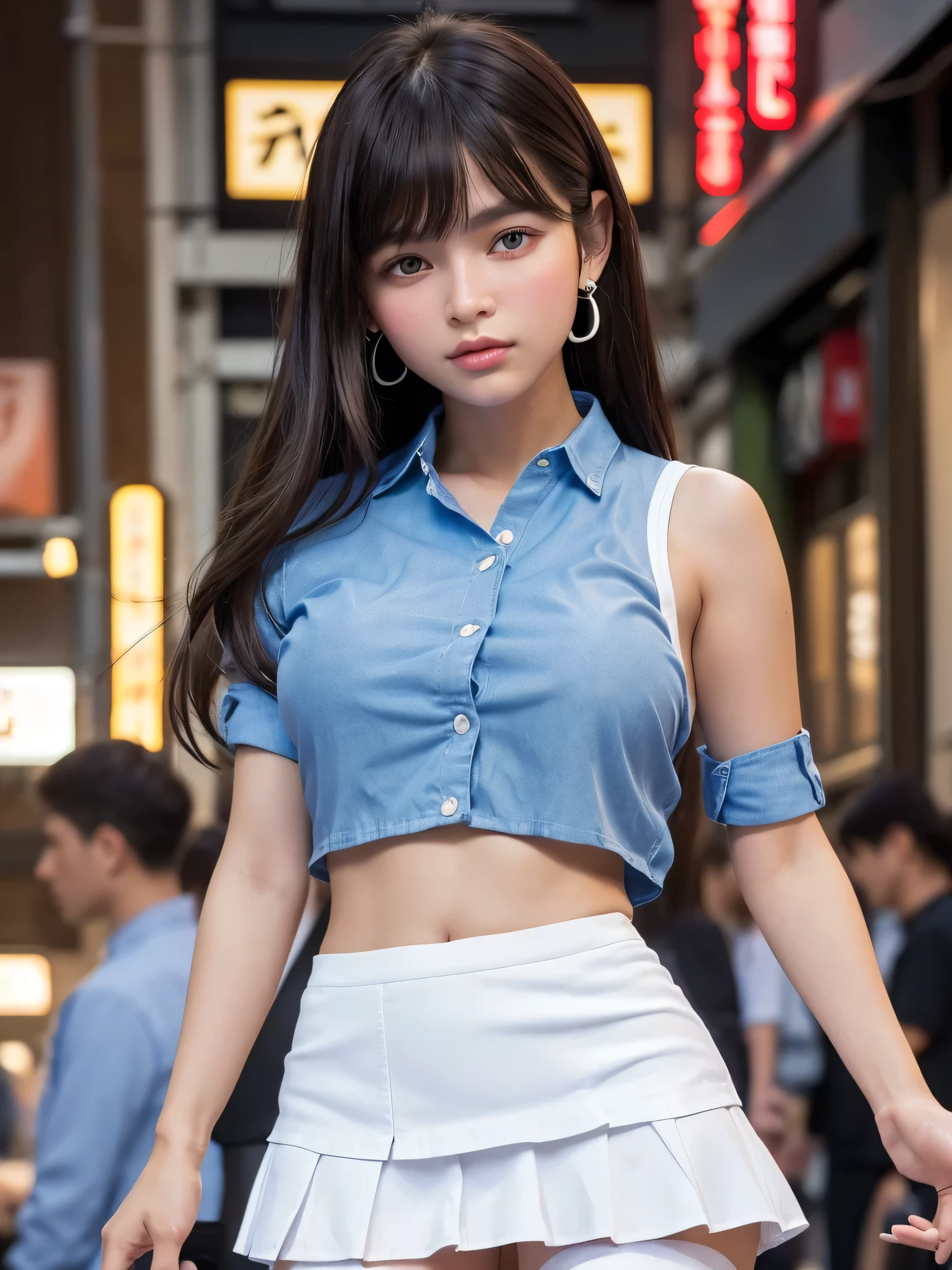 Product quality,1 girl,Cowboy Shot,Front view,Japan young,20-year-old,Harajuku,(Crowded street:1.2),(Stylish blue shirt:1.5),Fashionable Bags,Fashionable necklaces,Stylish Earrings,((White Ultra Short Micro Mini Skirt:1.5)),Asian Girl,Very cute face,Glossy Lips,Double eyelids on both eyes,(Natural Makeup),shiny smooth light brown long hair,,,,Asymmetrical bangs,Center image,8k resolution,Attention to detail,Detailed hairstyle,Detailed face,Cinema Lighting,Octane Rendering,Ultra-realistic,Perfect limbs,(Detailed fingers:1.3),Beautiful feet,((Voluptuous thighs:1.2)),((Huge breasts:1.2)),((Perfect Anatomy:1.5))