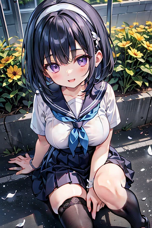 Body eight times longer than head, (Highly detailed CG Unity 8k), (Highest quality)，(Very detailed)，(Ultra-high resolution), Long black hair, High school girl wearing a navy sailor suit, Anime 2D Rendering, Realistic young anime school girl, ((White headband)), Purple eyes, Big Breasts, expensive, Slanted Eyes, (School Scene), Black Stockings, Bright colors, Open your mouth, Dark Blue Skirt, Bobcut, position looking down from above, Please bend your knees, sit, Looking at the flowers blooming on the ground, smile, 