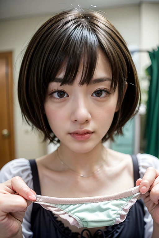 (8k、 RAW Photos、Highest quality、 High resolution:1.1)、 (超Realisticな:1.4)、(Realistic、 Realistic:1.3)、The Beauty of Japan、((Upper Body:1.3))、Grabbing baby dolls and bare skin、holding panties 、  (プレゼントとしてのDirty pantiesー)、(Detailed silk panties:1.1)、Focus Panties、(blush:1.3)、(Dirty panties:1.3)、With an embarrassed face、Bobcut、Cleavage、Covered nipples