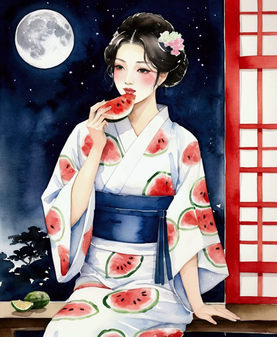 Taisho Romance　watercolor　kimono　kimono　A very beautiful woman is eating watermelon.　Japanese Style House　Quiet night shrine　There's a big moon outside　Moonlit Night　　Highest quality　Best image quality