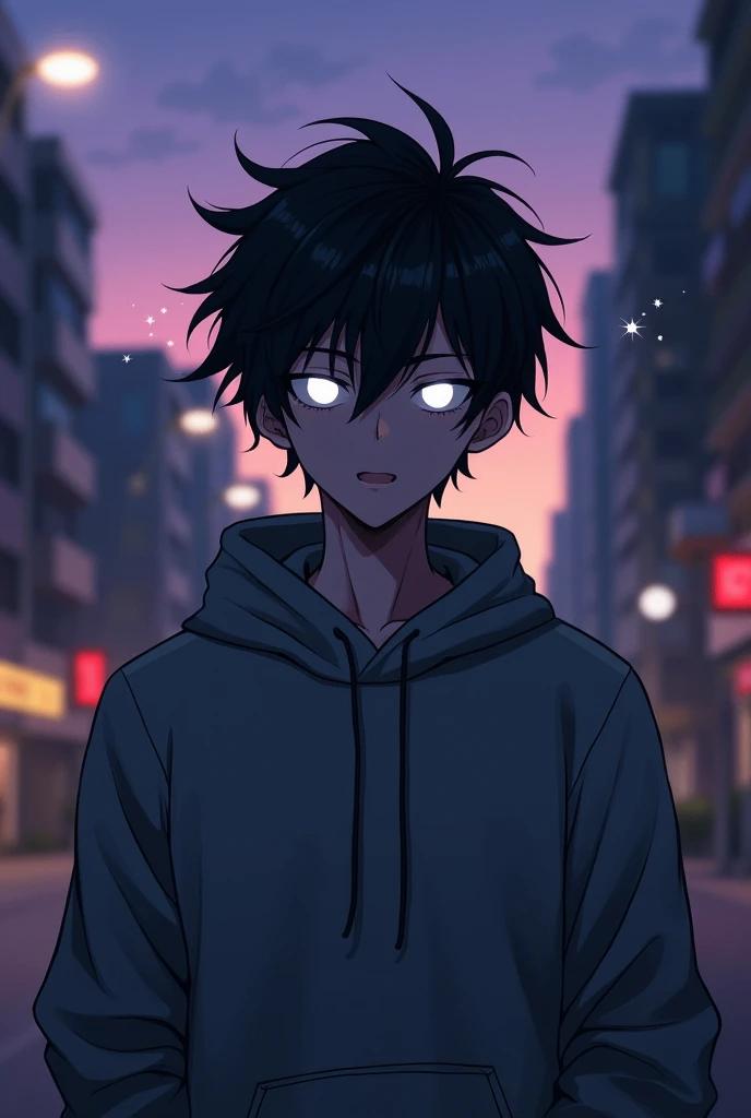Generate me a black anime style male character with black hair wearing a gray sweatshirt with bright white eyes and no mouth