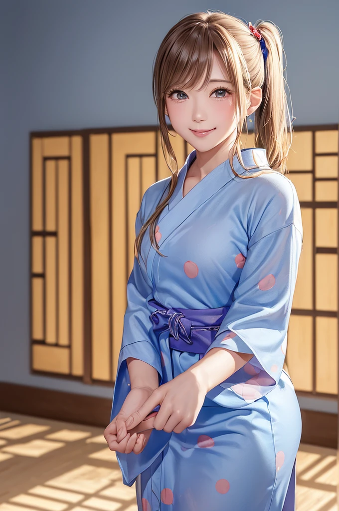(((Cowboy Shot、Women's Solo Shot、Oil、Pure white wall background、masterpiece、Highest quality、High resolution)))、Blonde、Medium Hair、(((Side Ponytail)))、(((Dotted yukata)))、(((Light blue yukata)))、((A brown polka-dot yukata)))、Fashionable hairstyles、Pure white wall background、Red cheeks、((No Shadow、Frame In))、((Small breasts))、((smile))、((Happy expression))、(((Waving right hand)))、((((No background))))、