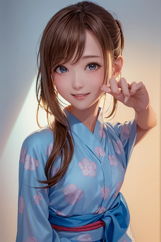(((Cowboy Shot、Women's Solo Shot、Oil、Pure white wall background、masterpiece、Highest quality、High resolution)))、Blonde、Medium Hair、(((Side Ponytail)))、(((Dotted yukata)))、(((Light blue yukata)))、((A brown polka-dot yukata)))、Fashionable hairstyles、Pure white wall background、Red cheeks、((No Shadow、Frame In))、((Small breasts))、((smile))、((Happy expression))、(((Waving right hand)))、((((No background))))、