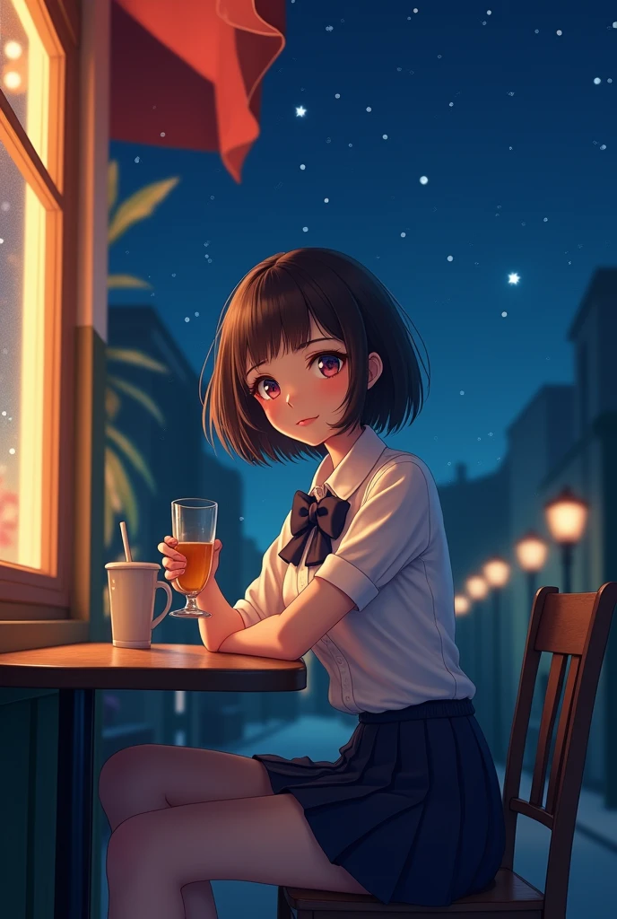 (8k, RAW photo, best quality, masterpiece:1.2), (realistic, photo-realistic:1.37), ultra-detailed,
1 girl,cute, solo,beautiful detailed sky,detailed cafe,night,sitting,dating,(nose blush),(smile:1.1),(closed mouth),large breasts, seductive smile, large aparture, professional lighting, Sony A7R4, Zessie 50mm F1.8,
medium breasts,beautiful detailed eyes,(collared shirt:1.1), bowtie,pleated skirt,(short hair:1.2),floating hair 