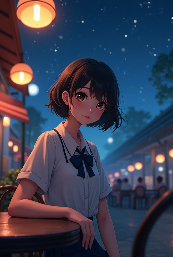 (8k, RAW photo, best quality, masterpiece:1.2), (realistic, photo-realistic:1.37), ultra-detailed,
1 girl,cute, solo,beautiful detailed sky,detailed cafe,night,sitting,dating,(nose blush),(smile:1.1),(closed mouth),large breasts, seductive smile, large aparture, professional lighting, Sony A7R4, Zessie 50mm F1.8,
medium breasts,beautiful detailed eyes,(collared shirt:1.1), bowtie,pleated skirt,(short hair:1.2),floating hair 