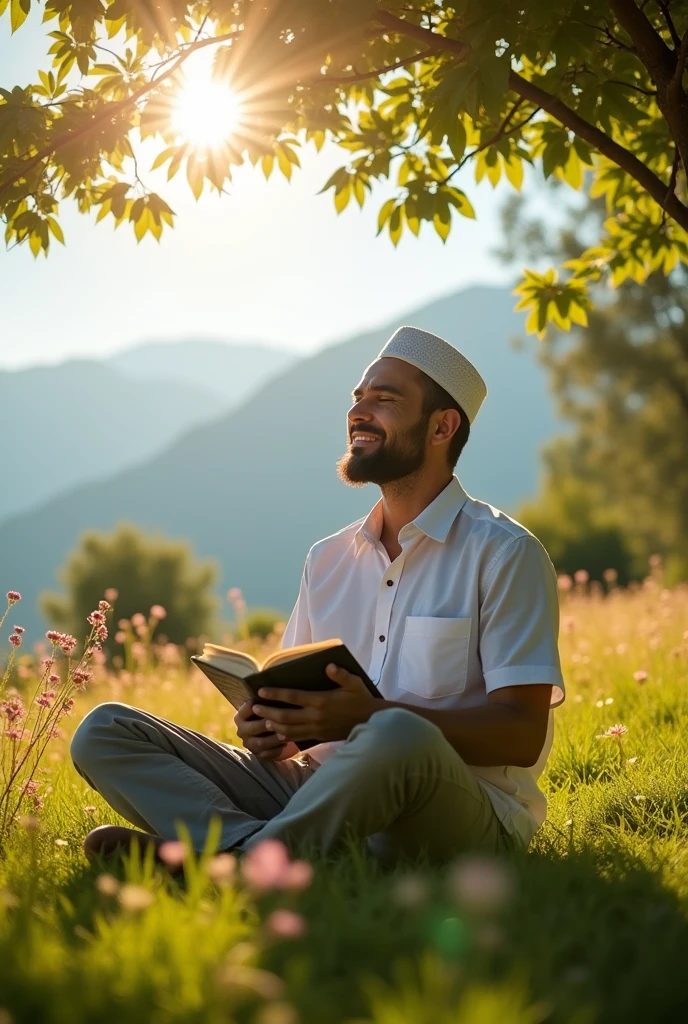 Create some different designs of images in which a man feel Peace by listening Quran pak