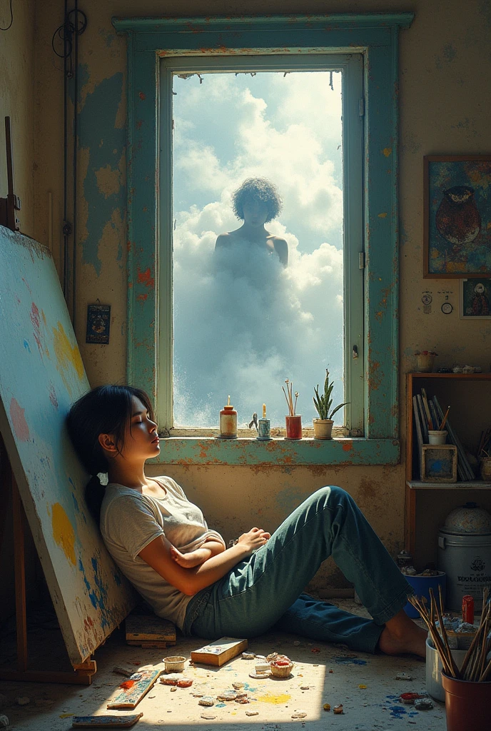 A window that frames the view into the interior of an art studio. inside, the place is messy but full of creative life, With brushes, canvases half finished, and paint stains all over the space. In the background, a painter is leaning against a wall, with paint stains on his clothes. Her hair, shoulder length, he is gathered in a messy ponytail. He is asleep, with a tranquil expression, but on him, like a dream cloud, emerges the image of a stranger. This stranger is drawn mysteriously and ethereal, his figure shines softly, but his face remains hidden in shadows, leaving only his eyes visible and shining. The dream cloud is nebulous, blending with the atmosphere of the studio, as if the real and the imaginary intertwine.
