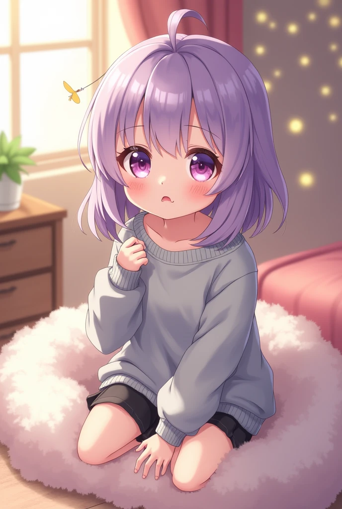 Cute anime girl in grey sweater with no pants or panties
