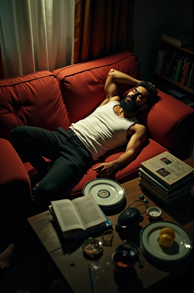 A young Indian man with beard lies on side a worn-out red sofa in a dimly lit room. His right arm is stretched over a cluttered coffee table filled with remnants of a late-night session—books, vinyl records, empty plates, and scattered notes. The scene is chaotic yet intimate, capturing a moment of exhaustion and introspection. The dim light filters through the room, casting soft shadows that blend with the mess, creating a feeling of solitude. The man, dressed in a simple white tank top and dark pants, appears lost in a deep sleep or perhaps deep in thought, disconnected from the world around him. The overhead view gives a sense of distance, as if observing from above, adding to the overall mood of quiet contemplation."