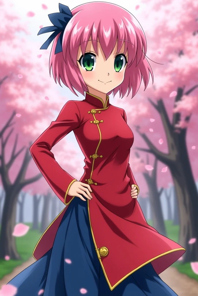 Sakura Haruno is、She is a beautiful girl with short pink hair and big green eyes.。In the early part of the story, she had long hair.、I cut my hair short to show my determination.、This will become her trademark。Sakura&#39;s hairstyle and outfit are simple yet striking.、The basic style is a combination of a red Chinese-style top and skirt with blue pants.。This style expresses her strength and delicacy at the same time.。
