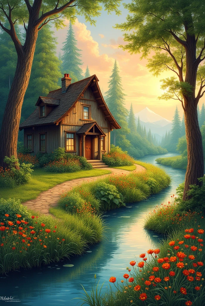 a painting of a nature with a house