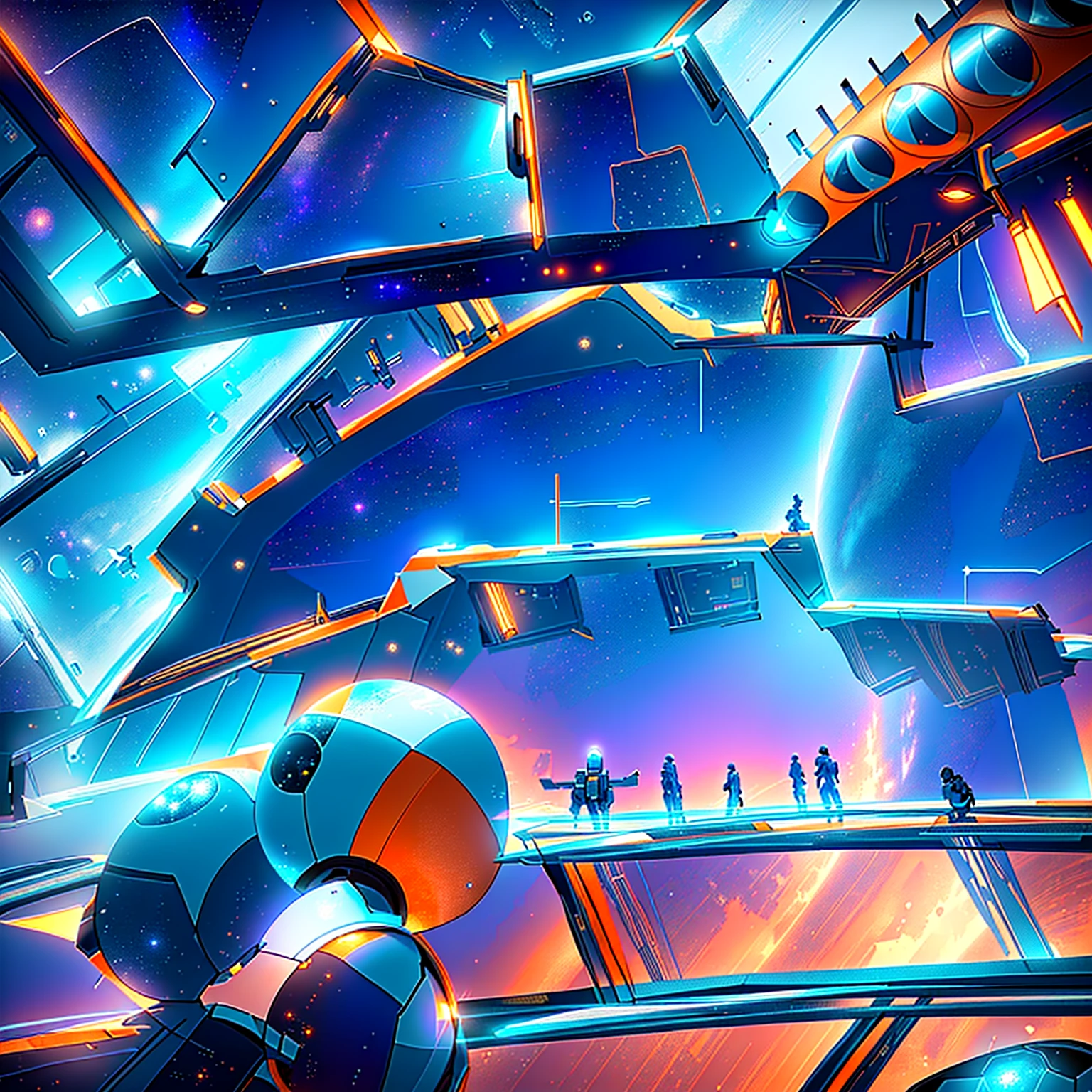 Master Piece, best quality, (extremely detailed CG unity 8k wallpaper), (best quality) 8k detail. COMIC ART,  inside a crowded space station, glass top canopy with space and stars shinny through, various decks with people walking. large power machines with large generators attached. orange and blue lights throughout the ship. on a crowded space station, in a space station, inside a space station, anime city lineart, on a space station, space station interior, inspired by Kilian Eng, in style of laurie greasley, inside a space ship, in a crashed spaceship
