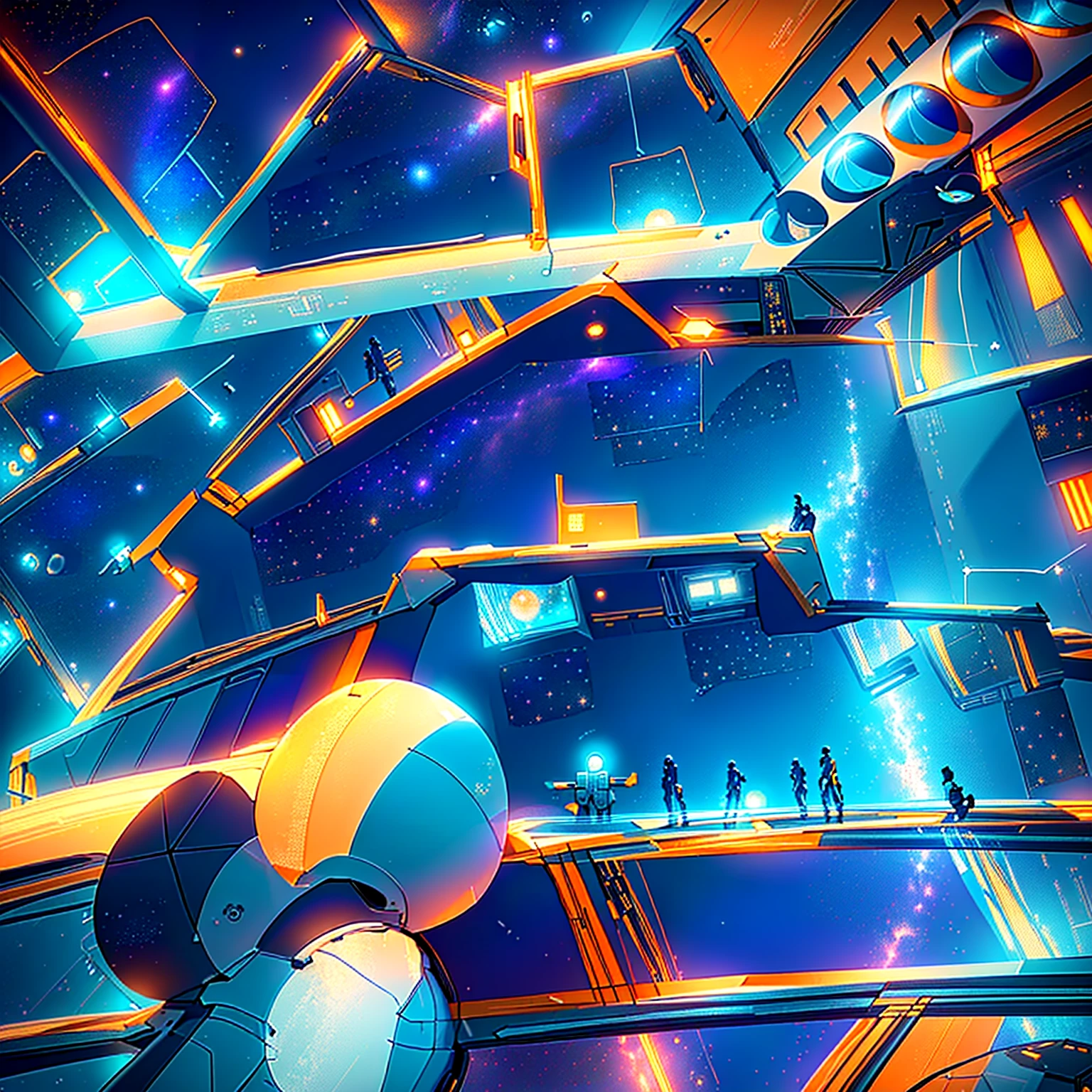 Master Piece, best quality, (extremely detailed CG unity 8k wallpaper), (best quality) 8k detail. COMIC ART, inside a crowded space station, glass top canopy with space and stars shinny through, various decks with people walking. large power machines with large generators attached. orange and blue lights throughout the ship. on a crowded space station, in a space station, inside a space station, anime city lineart, on a space station, space station interior, inspired by Kilian Eng, in style of laurie greasley, inside a space ship, in a crashed spaceship