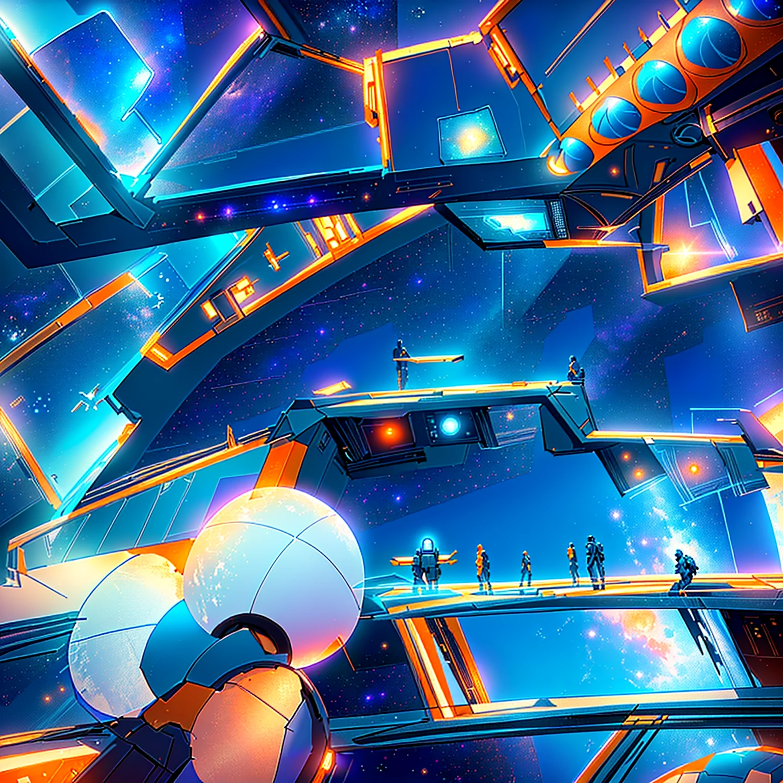 Master Piece, best quality, (extremely detailed CG unity 8k wallpaper), (best quality) 8k detail. COMIC ART,  inside a crowded space station, glass top canopy with space and stars shinny through, various decks with people walking. large power machines with large generators attached. orange and blue lights throughout the ship. on a crowded space station, in a space station, inside a space station, anime city lineart, on a space station, space station interior, inspired by Kilian Eng, in style of laurie greasley, inside a space ship, in a crashed spaceship
