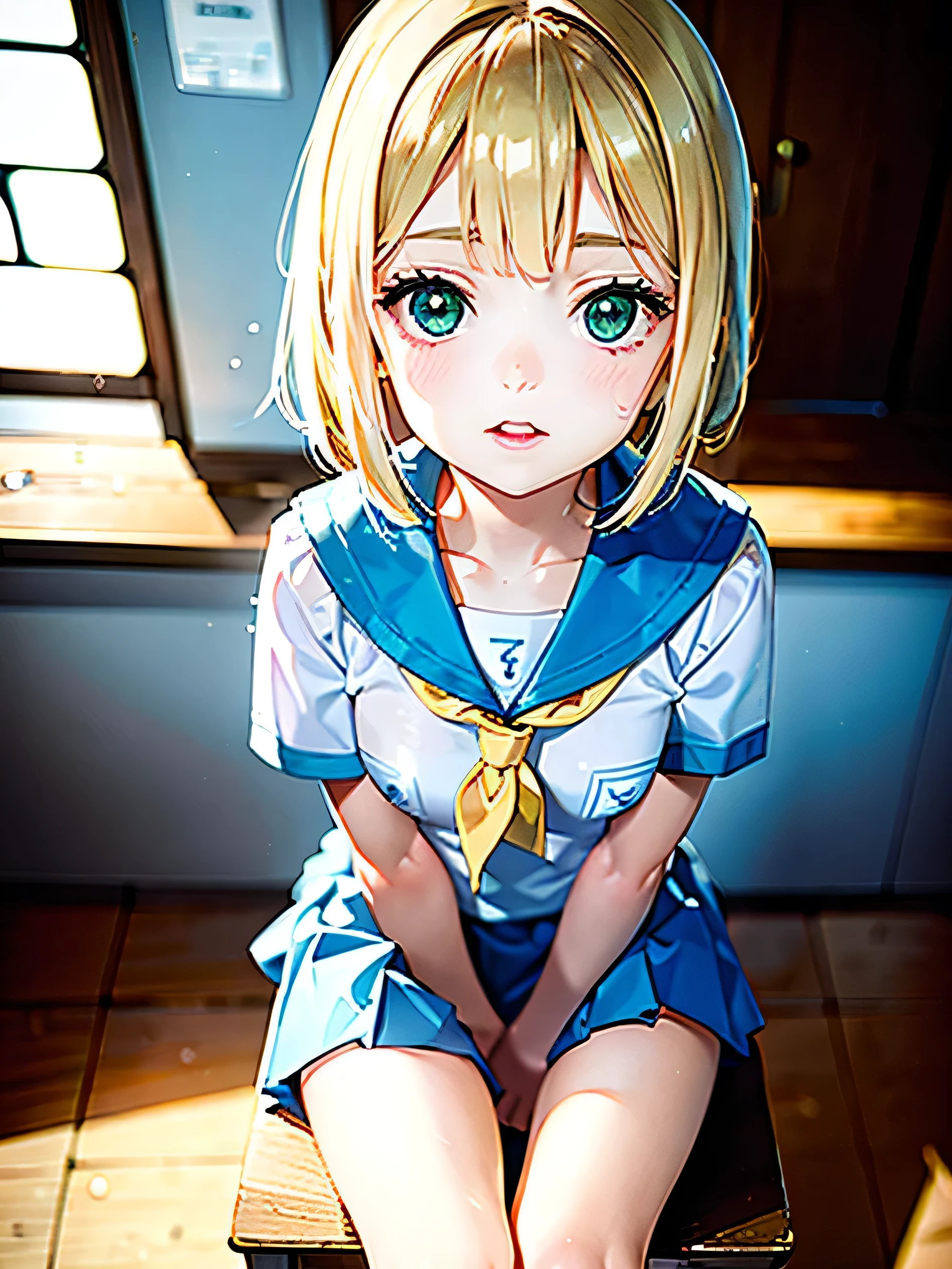 (masterpiece:1.3, best quality, ultra high resolution, very detailed), Pokemon Lillie, pokemon lillie, lillie, beautiful illustrations, perfect lighting, fancy, depth of written boundaries, beautiful and delicate hair, A face with beautiful details, beautiful details, beautiful collarbone, beautiful body, beautiful breasts, beautiful thighs, beautiful feet, beautiful fingers, View viewers, 1 girl, Japanese, High school girls, perfect face, (complete anatomy, anatomically correct), cute and symmetrical face, , glowing skin, blonde, green eyes, long eyelashes, medium chest, thin, sailor uniform, school uniform, (beautiful sight), dinner, in the classroom, At school, stand, (cute smile, gaze upward, open your mouth), beautiful yellow short hair, chest concentration, Super cute, very beautiful,beautiful background,realistic background,realistic photo,Very detailed,short costume, pokemon the gate, the gate, shameful face