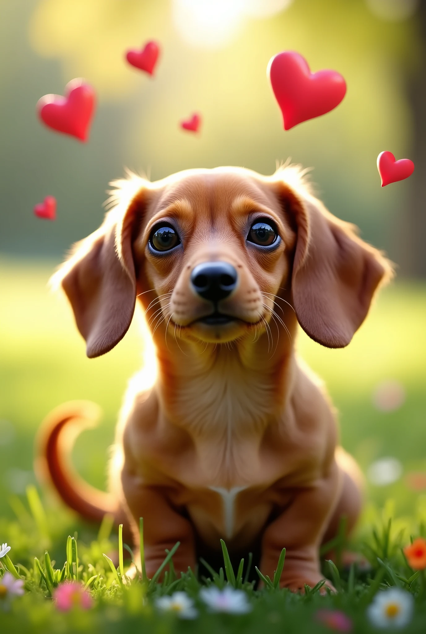 Draw a miniature dachshund that is totally smitten.