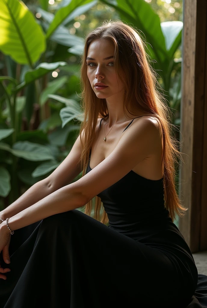 professional photograph of a 35 year old model, by Peter Hegre, photography studio,__perspective__, beautiful evil slavic muscular woman, pale skin,long light brown gold hair,dressed in elegant long black dress, dynamic model pose, bold lines, hyper detailed,warm natural lighting, cinematic, film grain, sitting, tropical plants on background, (intricate details, masterpiece, best quality:1.4),hyper detailed, bright extensive palette, mesmerizing, dynamic, dramatic, sensual, dynamic pose, highly detailed skin with hair, subcutaneous veins,skin fluff,fine wrinkles,high contrast,best Ray tracing, light and shadow play, highly detailed,24mm photograph, film, bokeh, professional, 4k,