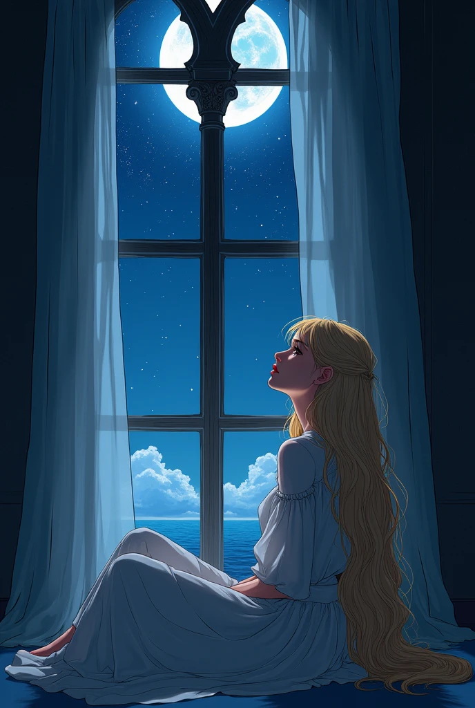 Highest quality, Manga-style profile, soft light, Night Ultra High Resolution, (Realistic:1.4), RAW Photos, A 20-year-old woman with long hair, blonde, alone, cute, A face full of sorrow, beautiful in every detail,Cute castle window big window curtain sitting by the window night night sky looking at the sky