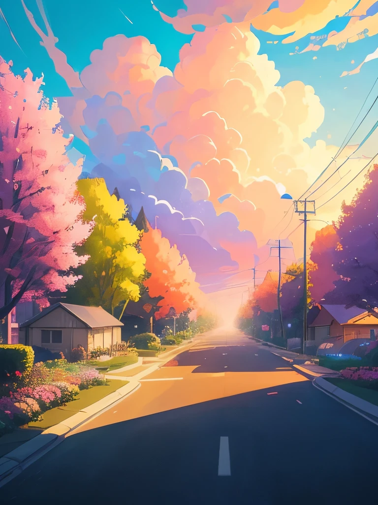 a painting of a street with flowers and houses, pixel art by sylvain sarrailh, tumblr, conceptual art, beautifull puffy clouds. anime, beautiful anime scene, beautiful anime scenery, anime scenery, anime vibes, anime background art, anime sky, ross tran. scenic background, anime landscape, style of alena aenami, anime aesthetic, # pixelart