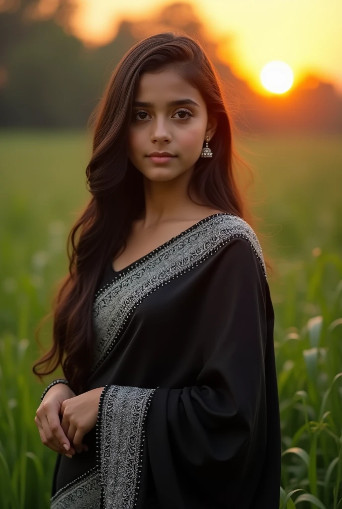 A 18 years old girl black saree back side long hair fair skin almond eyes medium nose