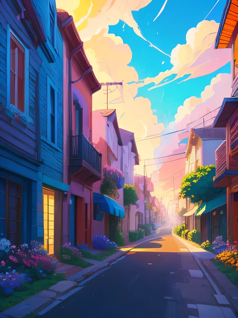 a painting of a street with flowers and houses, pixel art by sylvain sarrailh, tumblr, conceptual art, beautifull puffy clouds. anime, beautiful anime scene, beautiful anime scenery, anime scenery, anime vibes, anime background art, anime sky, ross tran. scenic background, anime landscape, style of alena aenami, anime aesthetic, # pixelart