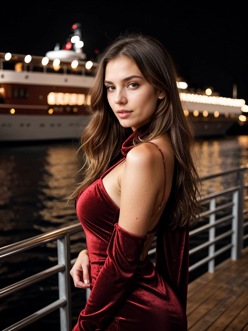A beautiful woman in an elegant off-the-shoulder velvet dress with a thigh-high slit. A faux Fur Stole adds a touch of glamour. Ambient: The dinner cruise is illuminated by soft candlelight, and guests enjoy gourmet cuisine as they cruise through the winter waters. The sound of gentle waves and a romantic setting. She has wavy red hair, big blue eyes, beautiful face, shiny facial skin, Instagram model, no print, very beautiful, realistic image. Dynamic composition, movement, ultra - detailed, incredibly detailed, lots of details, incredible fine details and brush strokes, smooth.
