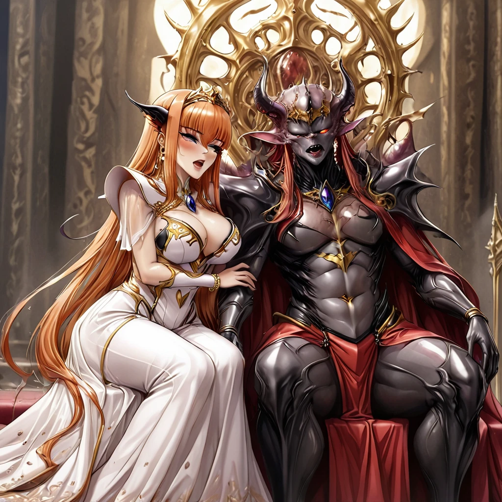 ((Highest quality)), ((masterpiece)), (detailed), （Perfect Face）、The woman is the Demon Queen Maya Cordelia, with medium-long orange hair, wearing a gorgeous black Demon Queen dress with gold embroidery and trim, gorgeous earrings, an engagement ring, and gorgeous accessories.、A woman is sitting on a luxurious two-person throne with Beelzebub, the evil demon king of flies, embracing and kissing each other on the floor.、The woman became the wife of Beelzebub, the Lord of Flies, and as the Fly Queen, became the companion of the Lord of Flies, spending her life with him.、The woman deeply loves her husband, Beelzebub, the great Lord of Flies, the Devil of Flies.、The man is Beelzebub, the dignified, strong Lord of Flies, the Demon King of the Demon Race, a Great Demon of monstrous form.