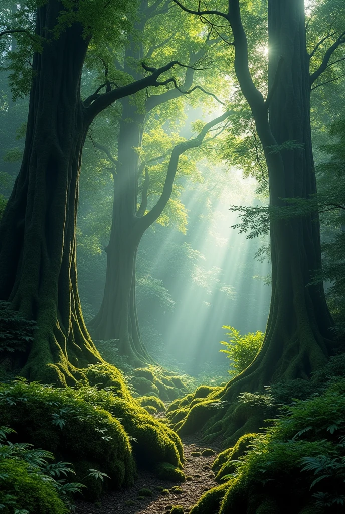 A dark lush forest, dense foliage, old-growth trees reaching high, filtered sunlight, magical atmosphere, photorealistic, cinematic lighting, dramatic shadows, (best quality,4k,8k,highres,masterpiece:1.2),ultra-detailed,(realistic,photorealistic,photo-realistic:1.37),environmental portrait,landscape,fantasy,moody,dramatic,cinematic