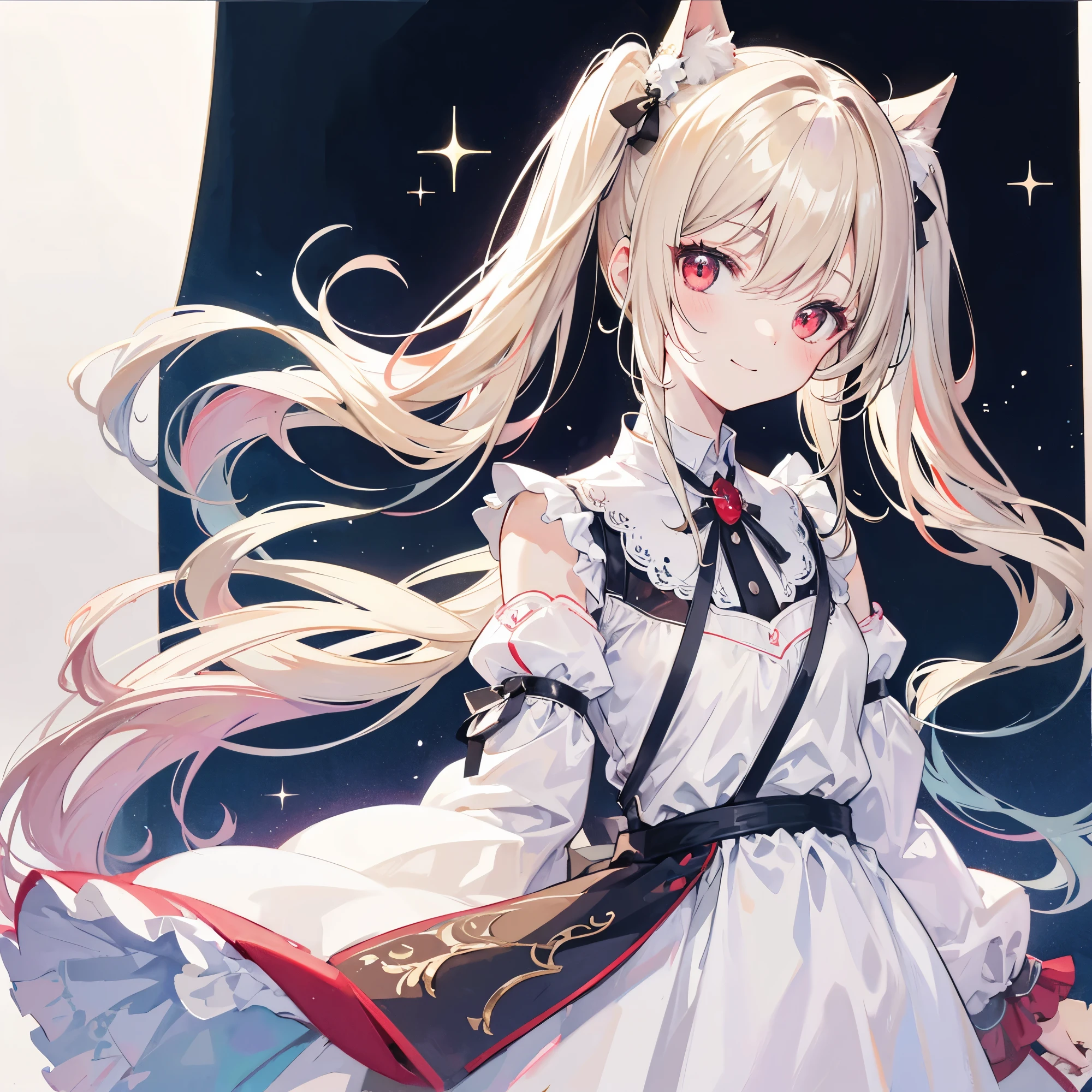High resolution, One person, solo, Long Hair, Red eyes,Beige hair,
Highest quality, masterpiece, High-resolution model, Long Hair, Shiny Hair, Sparkling eyes, Lonely, smile, disposal、watercolor、Light color scheme、White dress、Simple Background, Close-up, Part of the picture goes outside the frame, Lots of white space, watercolor画,Character portrait,Maid clothes,Twin tails