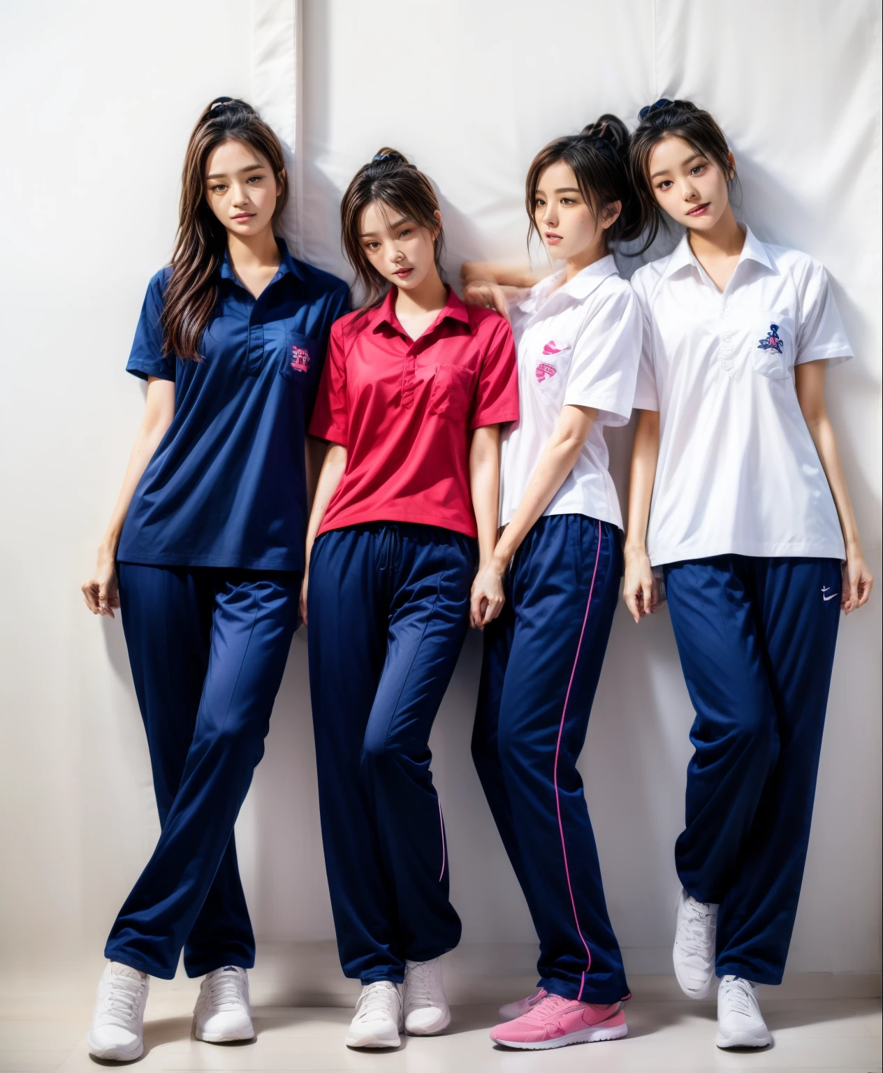 3 girls sleep on bed, Navy blue short-sleeved shirt,Navy Long Trackpant,Sweatpants, Sweatpantsขายาว,25 year old girl, lesbian, sexy, exercise clothes, wet body, exercise clothes