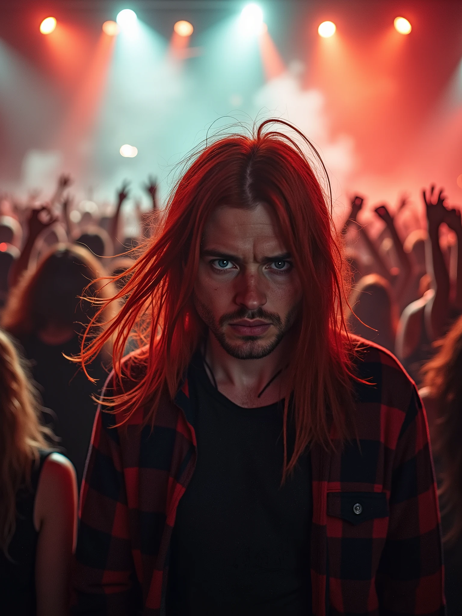 A captivating cinematic scene of a man with long red hair and striking blue eyes, standing alone in a frenetic mosh pit. He sports a classic grunge outfit with a black and red flannel shirt, and his intense gaze conveys his immersion in the music. The metal band on stage is shrouded in a haze of smoke and bright lights, their instruments reflecting a fierce energy. The mosh pit is a whirlwind of movement, capturing the raw power of rock and roll., cinematic