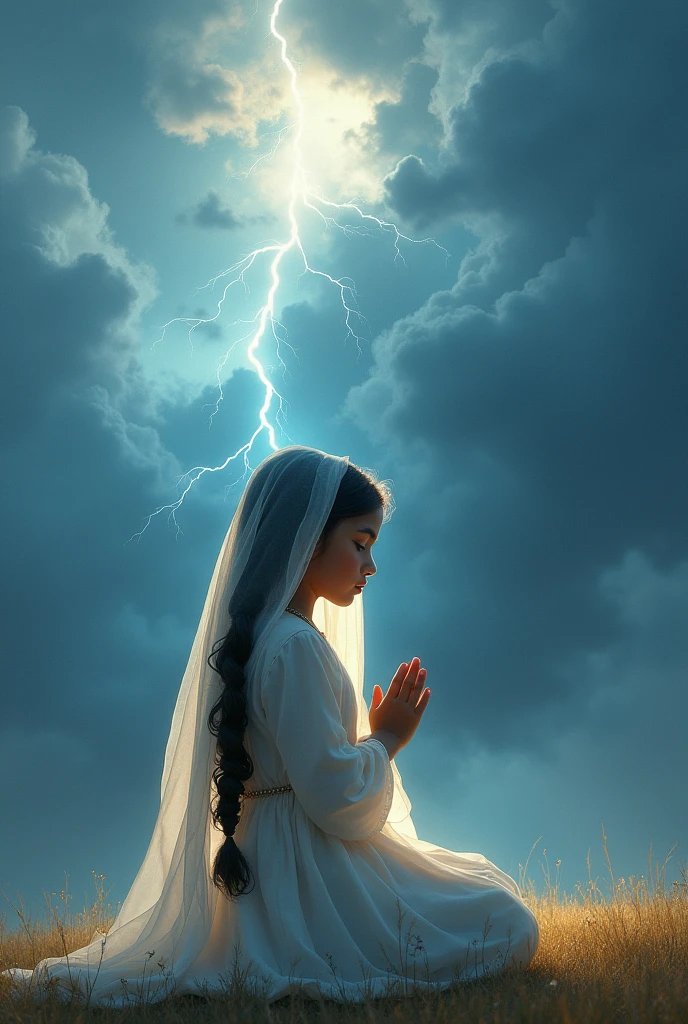 A beautiful white young girl wearing white punjabi dress with thick black hair braided upto shoulders her head covered with veil with happy tears on her face praying to God on her knees with her hands and God who is glowing bright like a shining star is consoling her with his hand on her shoulder with a background of  clouds shining with thunders 