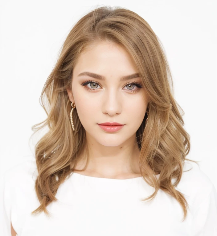 (best quality, high definition:1.2), 1girl, woman in her 24 years old, makeup, eyelashes, eyeliner, dark blonde hair, lipstick, looking at viewer, long hair, pearl earrings, close-up, upper body, realistic, best quality, hazel eyes