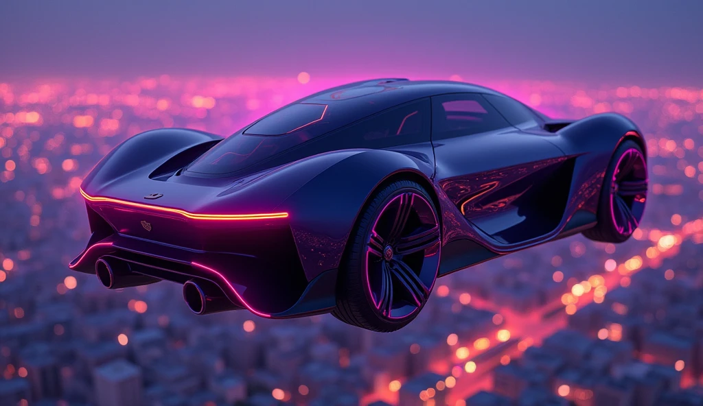 Violet Eclipse: A dark purple futuristic car with a smooth, sleek design hovers above a sprawling city at night. The car's body reflects the moonlight and the distant glow of the city’s lights below. The car's violet underglow and subtle luminescent details add to its mysterious, elegant aura as it silently glides through the sky. [Digital illustration, inspired by sleek stealth designs, with hyperrealistic car textures], [Nighttime cityscape, focus on the car, dark background, glowing details, sharp focus].