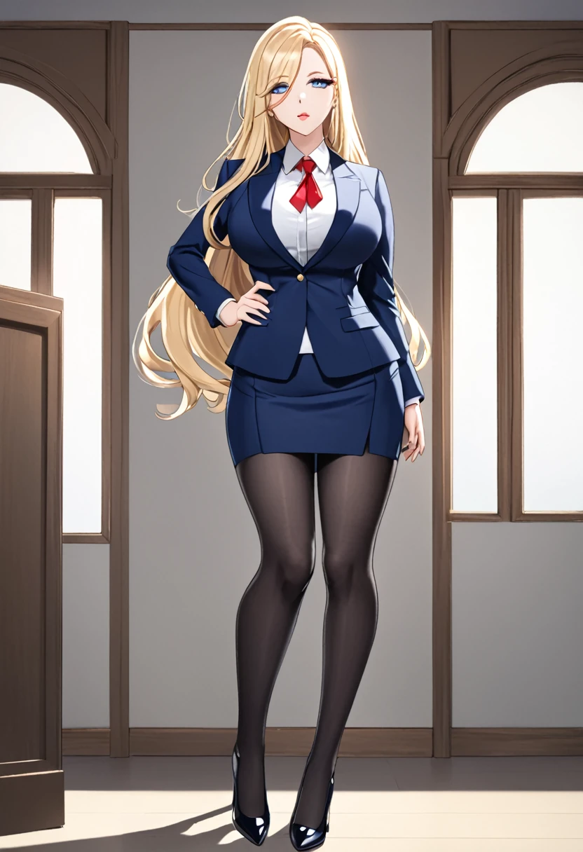 ｛Highest quality｝｛One woman, 25 years old｝｛teacher｝｛Blonde、Long Hair｝｛Cross bangs｝｛Big Breasts｝｛Blue Eyes、Hanging eyes、Details｝｛Navy Suit、Tight Skirt、slit｝｛Black pantyhose｝｛Expressionless｝Half-closed eyes,  whole body｛stand｝｛Light lipstick｝