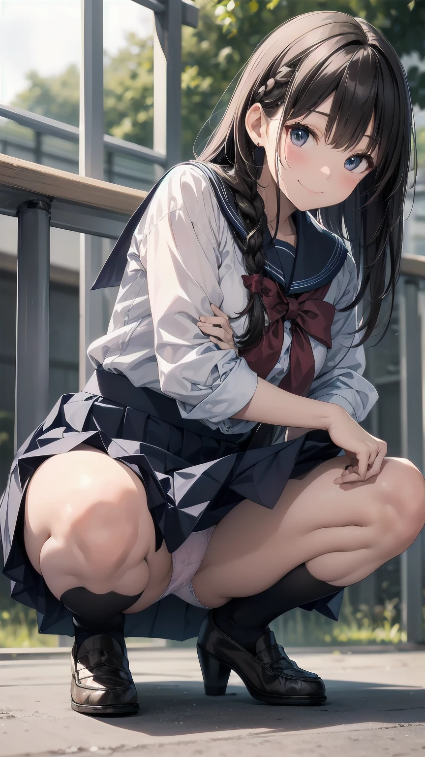 (msfw:1.4), (Realistic, photo Realistic:1.2), ((Highest quality)), Shift the center of gravity backwards, Quite embarrassing, White , (Showing pantiesight Skirt, (Panty shot:1.3oll up your skirt:1.3), (Squat:1.4), (Spreading pussy:1.2), Place yeels on the ground, Please spread your legs a little, Squat with your knees up, Attach your butt to the ground, Blacnny Loafers, Beautiful facial details, Real human skin, Gentle expression, Front view, angle From below, Realistic, photoRealistic, cute, Short skirt, Squat deep on school grounds, cute school girl, Semi-long hair, Lustrous brown hair, Braidedr, Japanese school girl uniform, Sailor suit, whole body, smile, 自然なsmile, cutesmile, 魅惑的なsmile, (Looking at the audience:1.2), from before, From below,