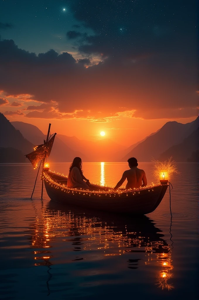 Small shikara
with fairy lights and candle, lamps.sunset with red orange yellow blue black colour down to top these colours, stars , shimmering water