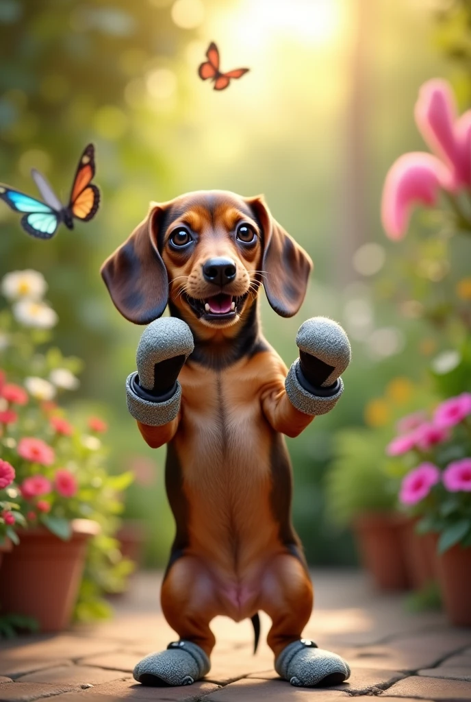 Draw a miniature dachshund standing, wearing tiny gloves and punching.